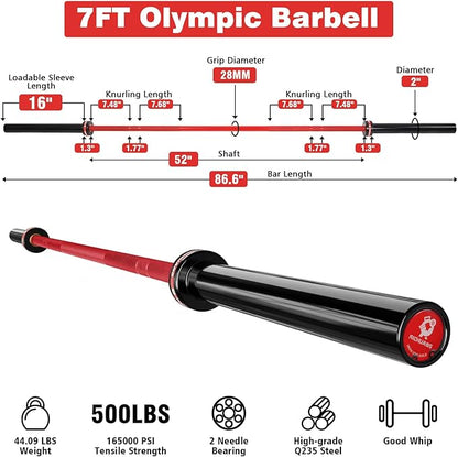 7ft Olympic Barbell, Weightlifting Barbell 28mm 45lb - 500/700/1000lbs Capacity with Smooth Spinning Sleeves, Olympic Bar Fits 2" Olympic Plates, for Snatch Clean Jerk - Home Gym Training