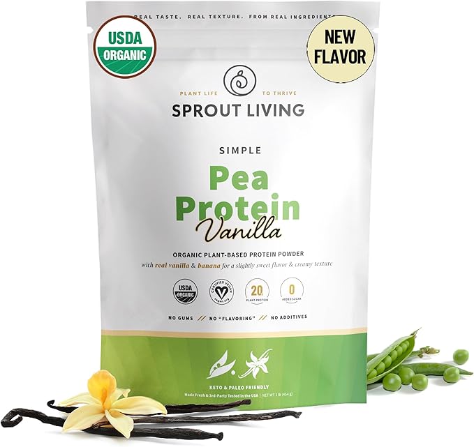 Sprout Living Organic Pea Protein Powder, Vanilla Flavor, 20 Grams of Plant Based Organic Protein Powder Without Sweeteners, Non Dairy, Non-GMO, Dairy Free, Vegan, Gluten Free (1 Pound, 15 Servings)