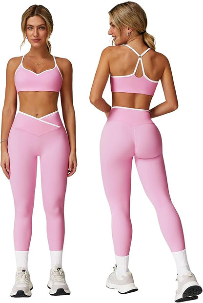 ABOCIW Workout Sets for Women 2 Piece Color Block Strappy Sports Bra High Waist Leggings Gym Yoga Pilates Outfits