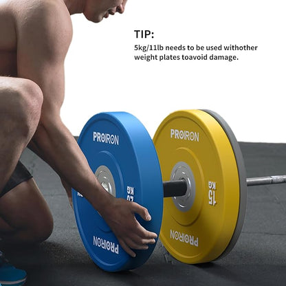 PROIRON Olympic Rubber Bumper Plates,Floor Protective Weight Plates,2" Solid Weight Plates for Barbell Strength Training and Weight Lifting,Less Impact, Absorb Bounce & Shock,5KG(11LB)/10KG(22LB)/15KG(33LB)/20KG(44LB),Single or Pair