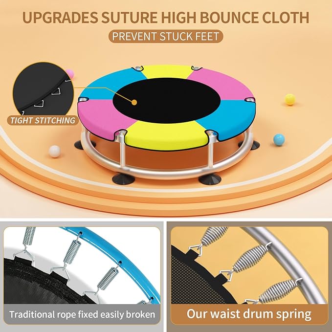 Trampoline for Kids, Adjustable Baby Toddler Trampoline with Basketball Hoop, Round Bottom Indoor Outdoor Toddler with Enclosure