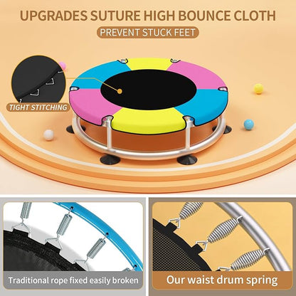 Trampoline for Kids, Adjustable Baby Toddler Trampoline with Basketball Hoop, Round Bottom Indoor Outdoor Toddler with Enclosure