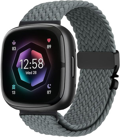 Braided Stretchy Band for Fitbit Versa 4/Versa 3/Sense 2/Sense Watch Band Women Men,Parachute-style Buckle Nylon Sport Wristband Soft Fabric Elastic Loop Strap Accessories for Versa 4/3