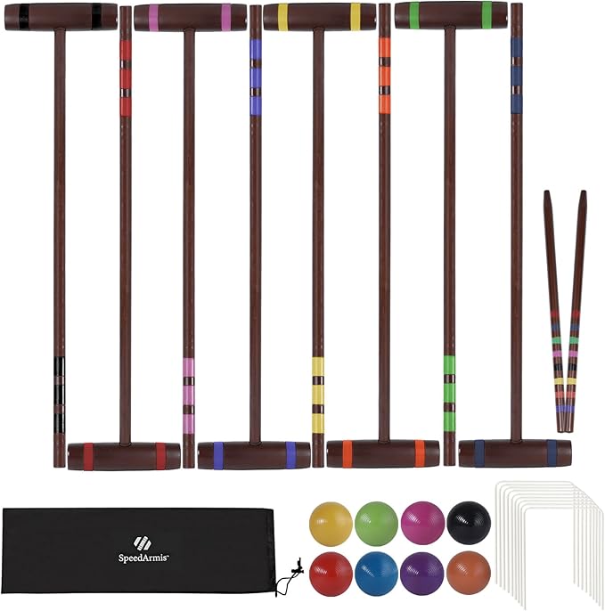 28In Croquet Party Set for 8 Players - Made of Long-Lasting Pine Wood, Family Fun for Backyards, Camping and More, Comes with Colorful Mallets, PE Balls, Wickets, Stakes, and Carrying Bag