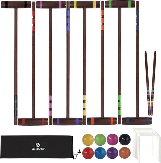 28In Croquet Party Set for 8 Players - Made of Long-Lasting Pine Wood, Family Fun for Backyards, Camping and More, Comes with Colorful Mallets, PE Balls, Wickets, Stakes, and Carrying Bag
