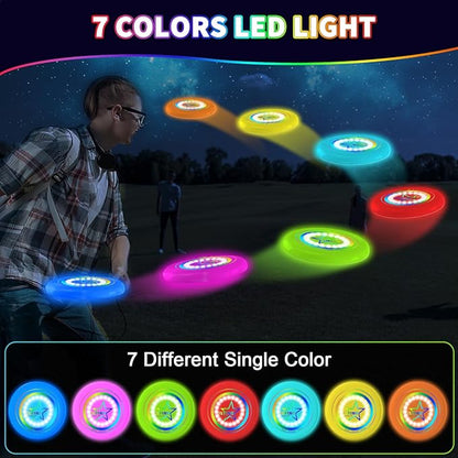 Pro Glow in the Dark Flying Disc for Kids Adults, 7 Lighting Smart Modes Flying Ring Toy for Outdoor Game, Camping Essentials for Kids/Teens/Boy/Girl, Safe, Waterproof, 175g, Lawn, Yard, Beach Toy