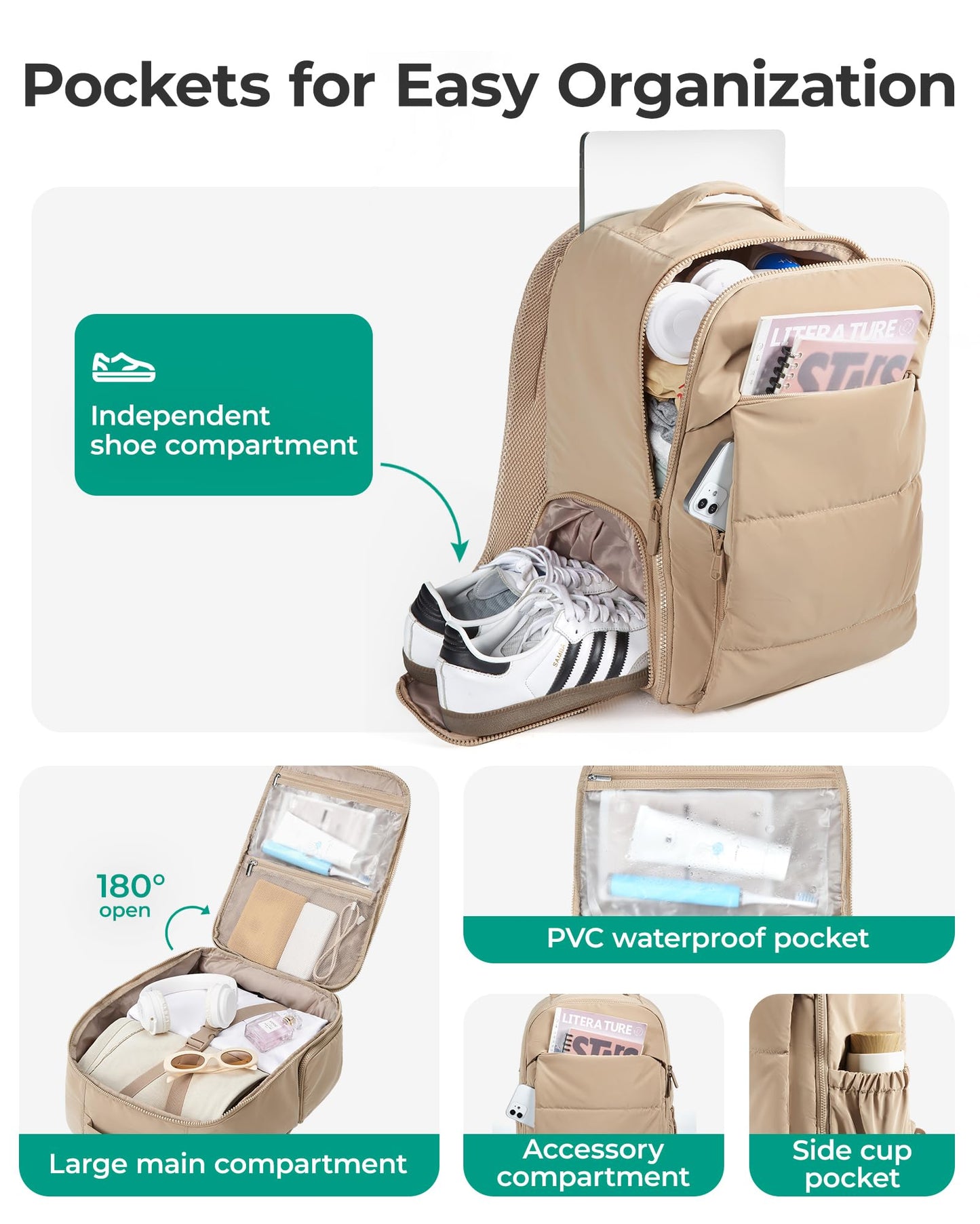 BAGSMART Travel Backpack for Women, Gym Backpack with Shoe Compartment
