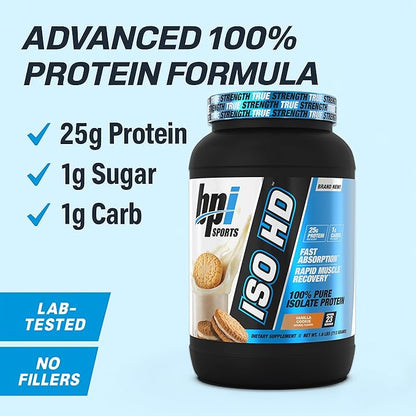 BPI Sports ISO HD Isolate Protein Powder ??100% Whey Isolate, Protein Powder for Muscle Gain - Vanilla Cookie - 1.6 Lb - 23 Servings