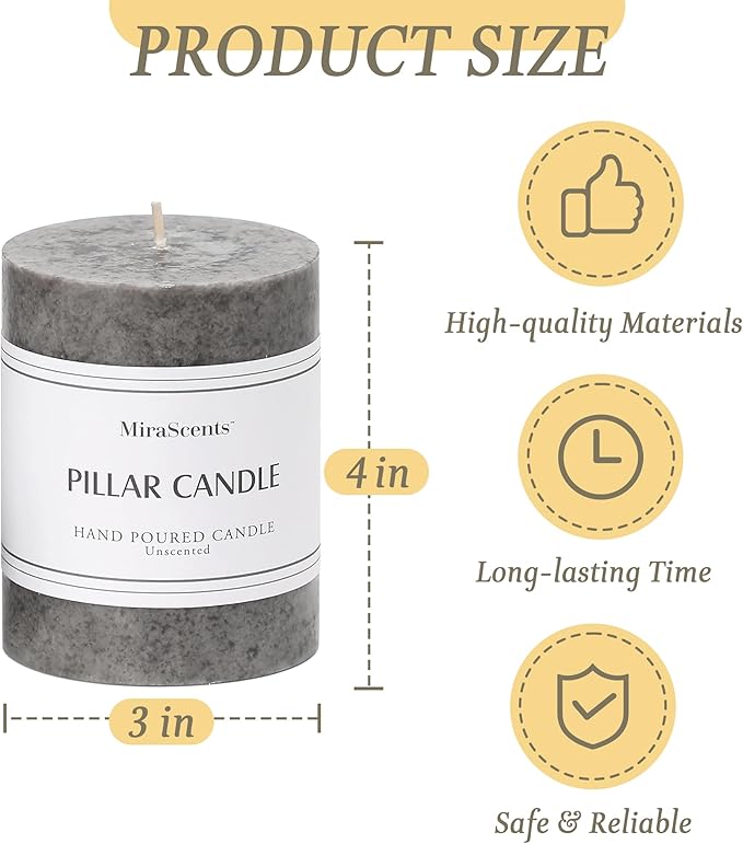 3x4 inch Grey Pillar Candles Set of 3, Unscented Pillar Candles, Dripless and Smokeless Large Candles, Candle for Halloween, Home Decor, Dinner Table,Weddings, Holidays