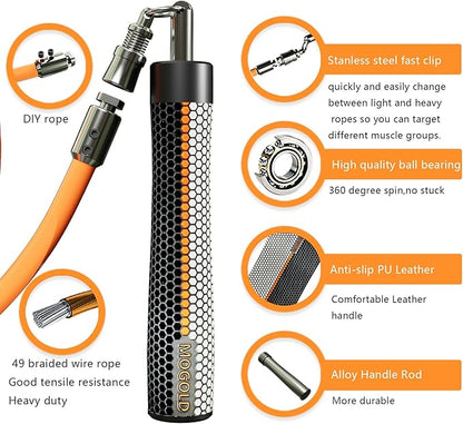 Weighted Jump Rope for Men Women -Interchangeable 1/5lb 1/4lb 1/2lb Heavy jump ropes - 360 Degree Spin - Length Adjustable,Ergonomics Leather Grip Skipping Rope for Fitness Weight Loss & More