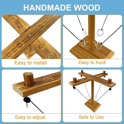 Hook Toss Game, Ring Toss Game, Handmade Wooden Ladder, Throwing Hook and Ring Battle Game for Family, ‎42,6 x 12,7 x 6,1 cm, Brown