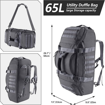 65L Large Duffle Bag, 3-in-1 Tactical Backpack MOLLE Pack for Sports, Gym, Outdoor, Grey