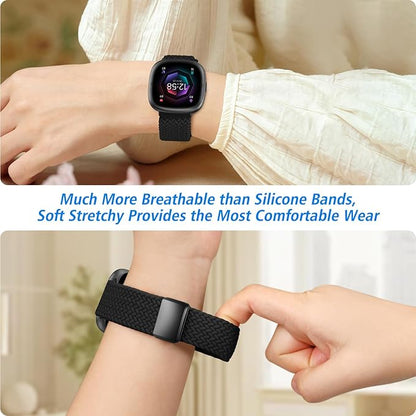 Fintie Magnetic Braided Stretchy Band Compatible with Fitbit Versa 4 3 / Sense 2 1, Soft Woven Nylon Sport Elastic Replacement Strap Wrist Bands, Black