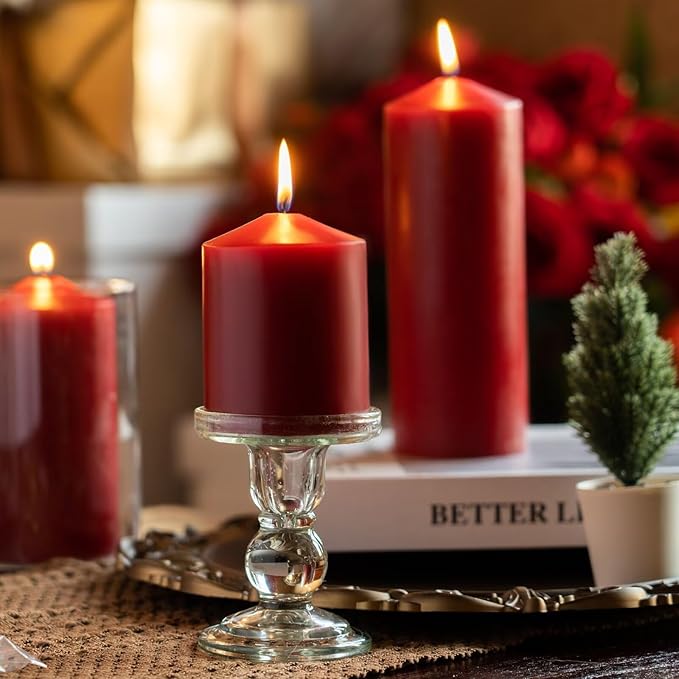 MOZEAL 3" x 4" Hand-Poured Unscented Dark Red Pillar Candles,Dripless Candles Set of 3,Smokeless,Clean Burning,Approx 60 Hours Burn Time,Dinner,Christmas and Home Decorï¼? Inch Width Seriesï¼?Bordeaux