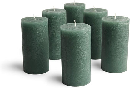 Mottled Pillar Candles by Bask - Set of 6-3" x 6" Dripless Unscented Candles in Dark Green for Home Decor, Relaxation & All Occasions