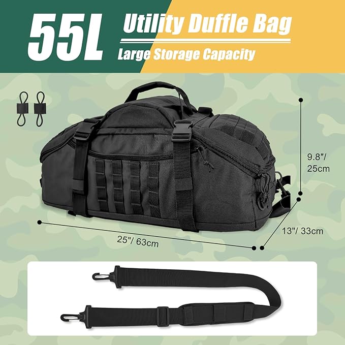 55L Large Travel Gym Duffle Bag Military Tactical Backpack, Army Pack 3 Day Bug Out Bag Rucksack for Outdoor Sport Hiking Camping with Molle System, Black