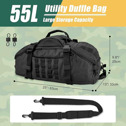 55L Large Travel Gym Duffle Bag Military Tactical Backpack, Army Pack 3 Day Bug Out Bag Rucksack for Outdoor Sport Hiking Camping with Molle System, Black