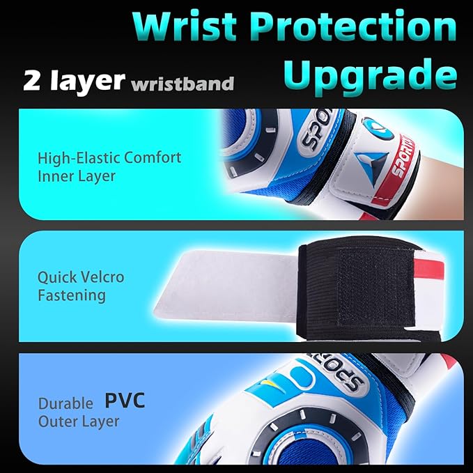 Sportout Kids Goalkeeper Gloves, Soccer Gloves with Double Wrist Protection and Non-Slip Wear Resistant Latex Material to Give Protection to Prevent Injuries