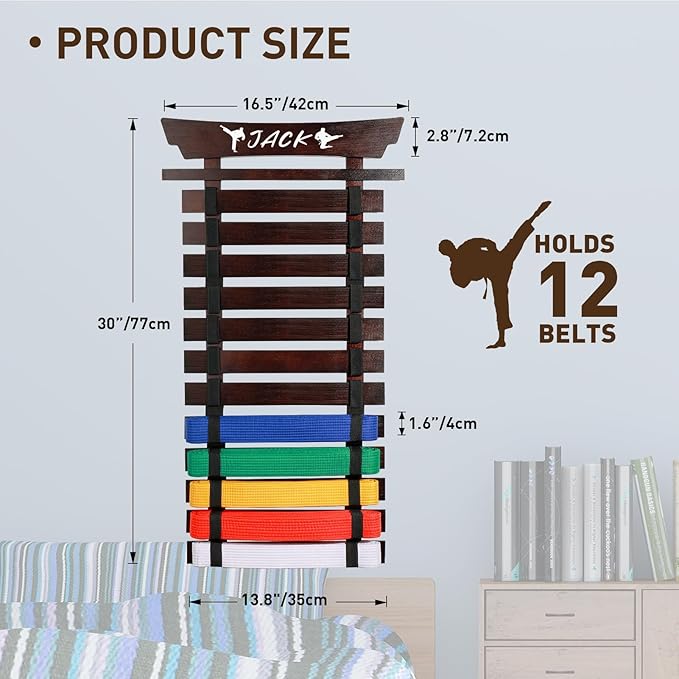 12 Belts Karate Belt Display Rack with Stickers, Martial Arts Belt Display Holder, Taekwondo Belt Jiu Jitsu Belt BJJ Belt Display Hanging Holder for Adults