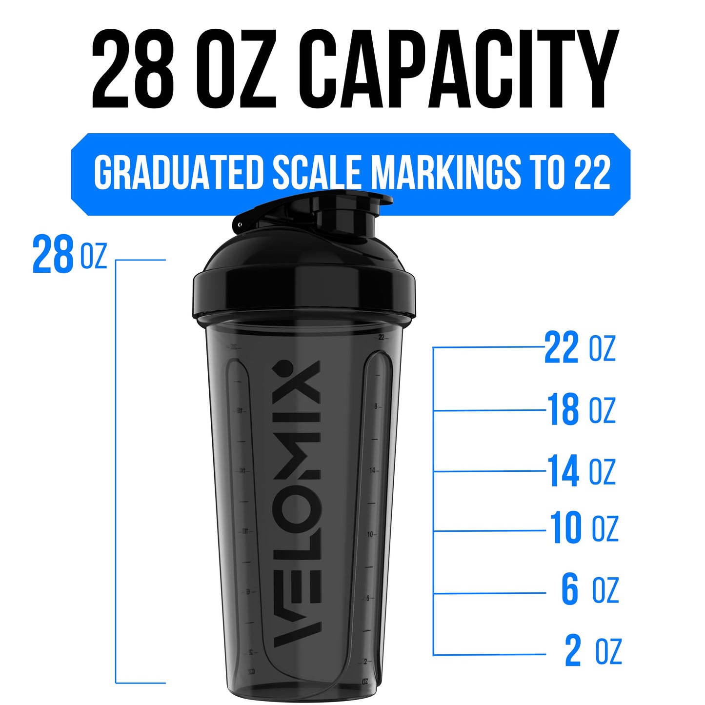 VELOMIX 2 Pack 28oz Protein Shaker Bottle for Protein Mixes, Black/Transpar