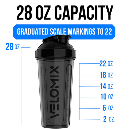 VELOMIX 2 Pack 28oz Protein Shaker Bottle for Protein Mixes, Black/Transpar