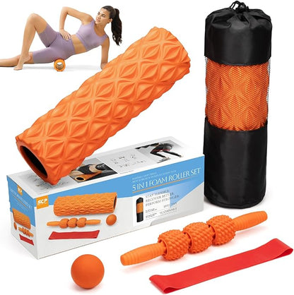 5 in1 Foam Roller Set, Trigger Point Foam Roller, Massage Roller Stick, Massage Ball, Resistance Band for Deep Muscle Massage Pilates Yoga,Fitness Exercise for Whole Body (Pure Orange)