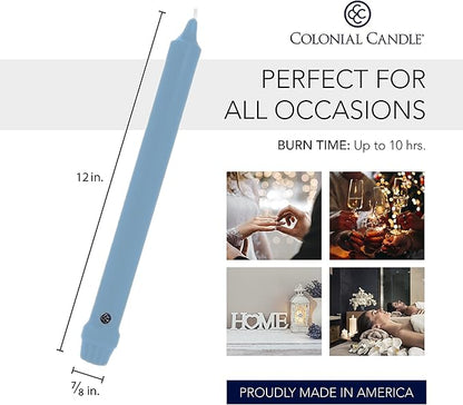 Colonial Candle Unscented Taper Candle, Classic Collection, Coastal Blue, 12 in, Pack of 12 - Up to 10 Hours Burn