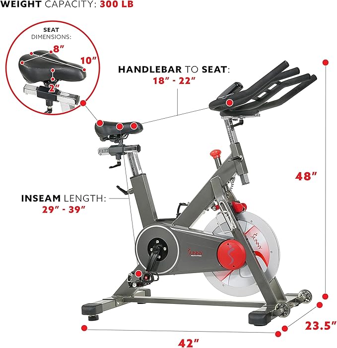 Sunny Health & Fitness Magnetic Exercise Bike, 44LB Flywheel & 300LB Weight Capacity for Intensive Home Workout, Indoor Cardio Training w/4-Way Adjustable Seat, Optional Free SunnyFit App Connection