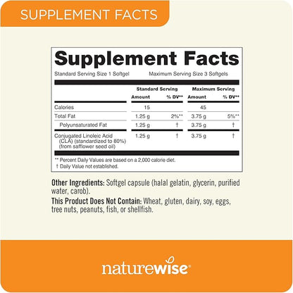 NatureWise CLA 1250 - Conjugated Linoleic Acid Supplement for Women and Men, Not Stimulating, Supports Healthy Weight, Fitness Goals - Non-GMO, Gluten Free - 90 Softgels[1-Month Supply]
