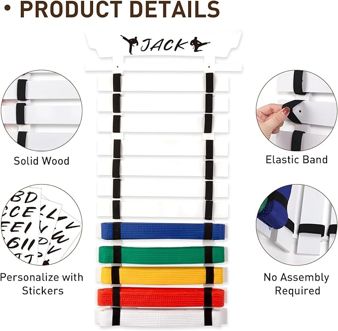 12 Belts Karate Belt Display Rack with Stickers, Martial Arts Belt Display Holder, Taekwondo Belt Jiu Jitsu Belt BJJ Belt Display Hanging Holder for Adults