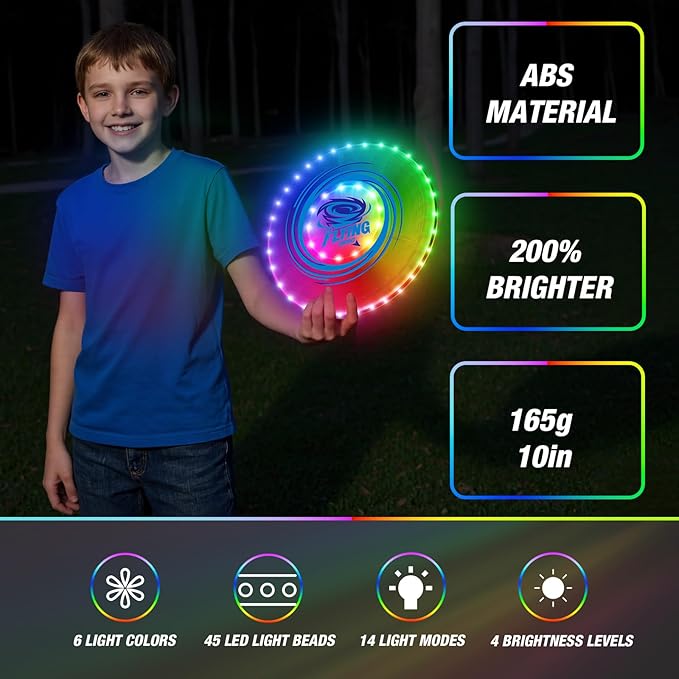 2 Pack Light up Flying Discs for Kids, 45 LEDs, 14 Lighting Modes, Rechargeable Glow in The Dark Flying Ring for Beach, Summer Camping, Outdoor Game, Sport Toys Gift for Teens Boys Adult