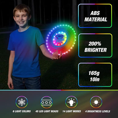 2 Pack Light up Flying Discs for Kids, 45 LEDs, 14 Lighting Modes, Rechargeable Glow in The Dark Flying Ring for Beach, Summer Camping, Outdoor Game, Sport Toys Gift for Teens Boys Adult