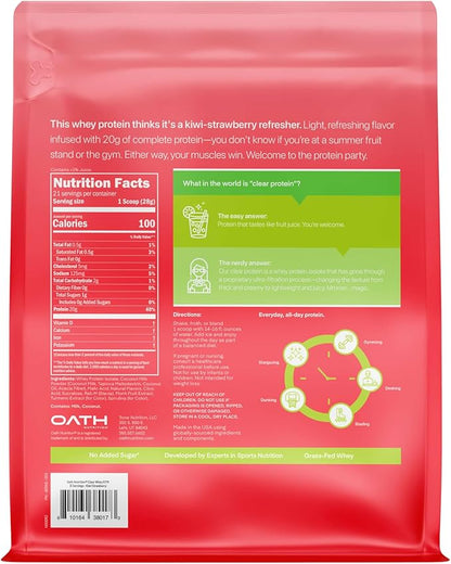 Clear Whey Isolate Protein Powder, Kiwi Strawberry, 20g Complete Protein per Serving, No Added Sugar, Grass-Fed, 21 Servings