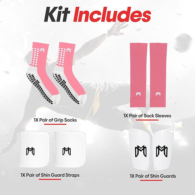 Soccer Grip Socks, Shin Guards, Pre Cut Sock Sleeves, and Guard Straps Bundle Pack - Essential Equipment for Soccer Players - for Mens, Women, Youth, Size 7 to 12 US Men Shoe Size