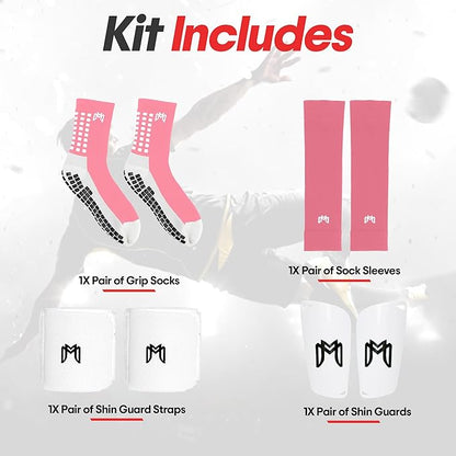 Soccer Grip Socks, Shin Guards, Pre Cut Sock Sleeves, and Guard Straps Bundle Pack - Essential Equipment for Soccer Players - for Mens, Women, Youth, Size 7 to 12 US Men Shoe Size
