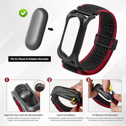 Adjustable Smartwatch Soft Woven Nyon Wristband + Protective Case Base fits for PLAUD AI NotePin Recorder,Upgraded 18mm Pin Notepin Strap for Easy Band Replacement