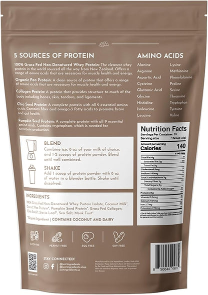 JUST INGREDIENTS Protein Powder | 15 Servings | 24g Protein | Chocolate Flavor Made with 100% Grass-Fed, Non-Denatured Whey | Five Different Sources from Organic Whole Food Ingredients