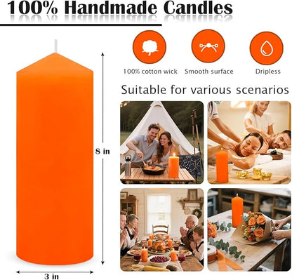 Set of 2 3x8 Inch Orange Pillar Candles, Dripless Unscented Solid Fall Colored Cylinder Column Tall Candles for Thanksgiving Day Home Table Emergency Power Outages - 90 Hour Burn Time