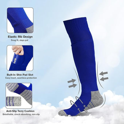 Youth Soccer Shin Guard Socks, Built-in Protective Pads, Kids Knee High Football Athletic Team Socks for Boys Girls