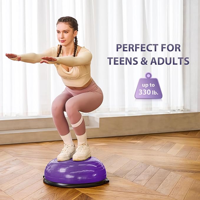 ZELUS Balance Ball Trainer with Resistance Bands and Foot Pump, Inflatable Yoga Ball for Home Gym Workouts, 23 Inch Exercise Half Ball for Balance Training Core Strength Fitness More, 330lb Cap