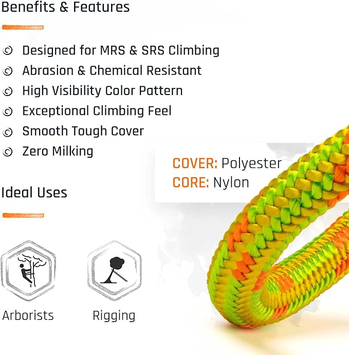 Pelican Rope Arborist Rope 11.8mm x 150Ft, USA Made High-Strength 24-Strands Static Climbing Rope - 7,000 lb Strength for Tree Climbing, Pulling, Outdoors & Swing Made in USA - Viper, Plain End