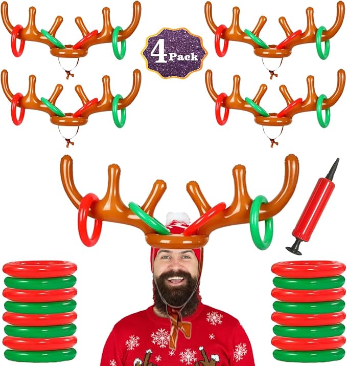4 Pack Inflatable Reindeer Antler Ring Toss Game (4 Antlers 16 Rings) Reindeer Antler Hat Ring Toss for Xmas Party 2023 Great Christmas Games for Families