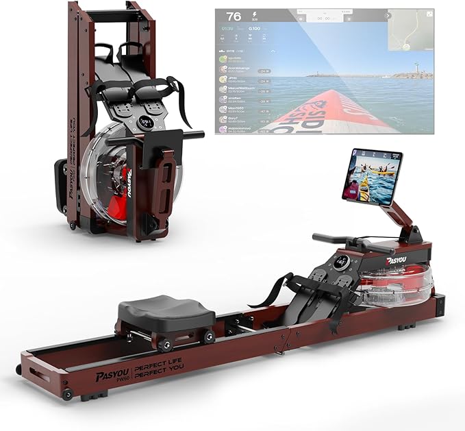 PASYOU Water Rowing Machines for Home Oak Wood Foldable Rower Machine 350LB Weight Capacity, 6 Levels Adjustable Row Machines with Monitor & Device Holder & 14L Tank, Bluetooth with Kinomap APP