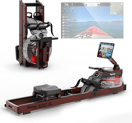 PASYOU Water Rowing Machines for Home Oak Wood Foldable Rower Machine 350LB Weight Capacity, 6 Levels Adjustable Row Machines with Monitor & Device Holder & 14L Tank, Bluetooth with Kinomap APP