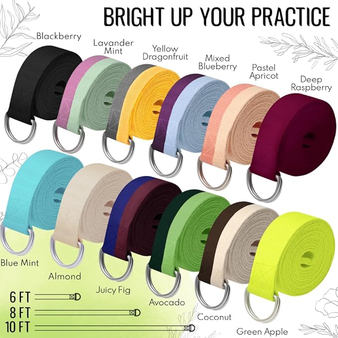 TECEUM Yoga Strap & Mat Strap – 2 IN 1 – Cotton – 6 ft 8 ft 10 ft (30+ colors) – Adjustable Non-Slip Belt for Yoga, Pilates, Stretching, Physical Therapy, Fitness & Home Workout – For Carrying Mats