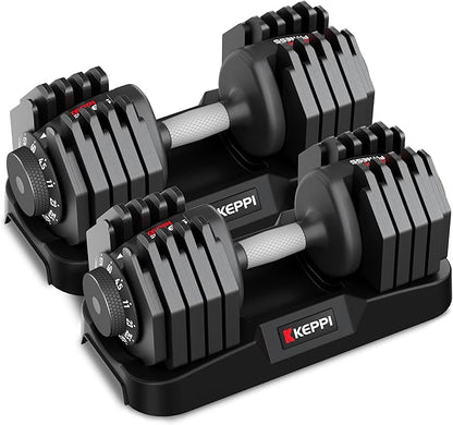 Keppi Adjustable Dumbbells Set-25lb/40lb/55lb/60lb, Anti-Slip Metal Fast Adjust Weight Handle, Exercise & Fitness for Full Body Workout - Adjustable Dumbbell Series
