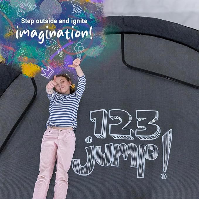 123JUMP by Skywalker Trampolines 10FT 12FT 14FT Outdoor Trampoline with Enclosure and Ladder, Round Recreational Trampoline for Kids with ASTM Approval, Spring Pad Cover, Heavy Duty Jump Mat