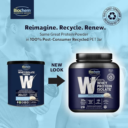 Biochem Whey Protein Isolate Powder - Vanilla Flavor, 20 Grams per Serving, Sourced from Grass Fed Cows, Non-GMO, Vegetarian, No Artificial Flavors or Sweeteners - Supports Muscle Mass & Performance