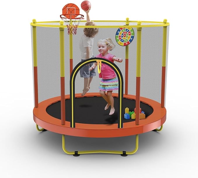 72" Trampoline for Kids with Net,6 FT Indoor & Outdoor Small Toddler Trampoline with Basketball Hoop & Dart Board for Ages 1-8, Birthday Gifts for Boys & Girls, Baby Toddler Christmas Toys