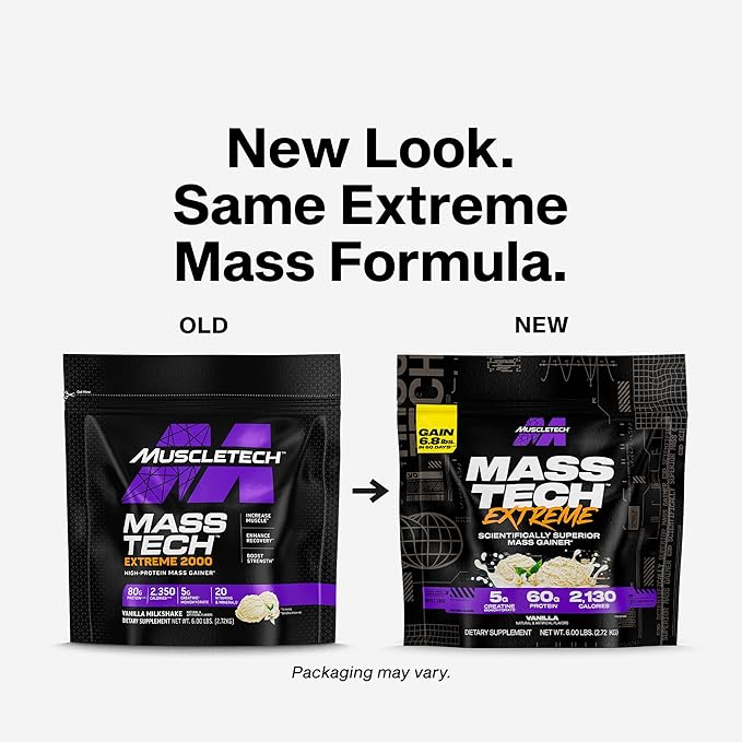 Muscletech High-Protein Mass Gainer (Vanilla Milkshake, 6LB) - Mass Tech Extreme 2000 Mass Gainer Protein Powder Supplement - Weight Gainer for Increase Muscle & Enhanced Recovery - Packaging May Vary